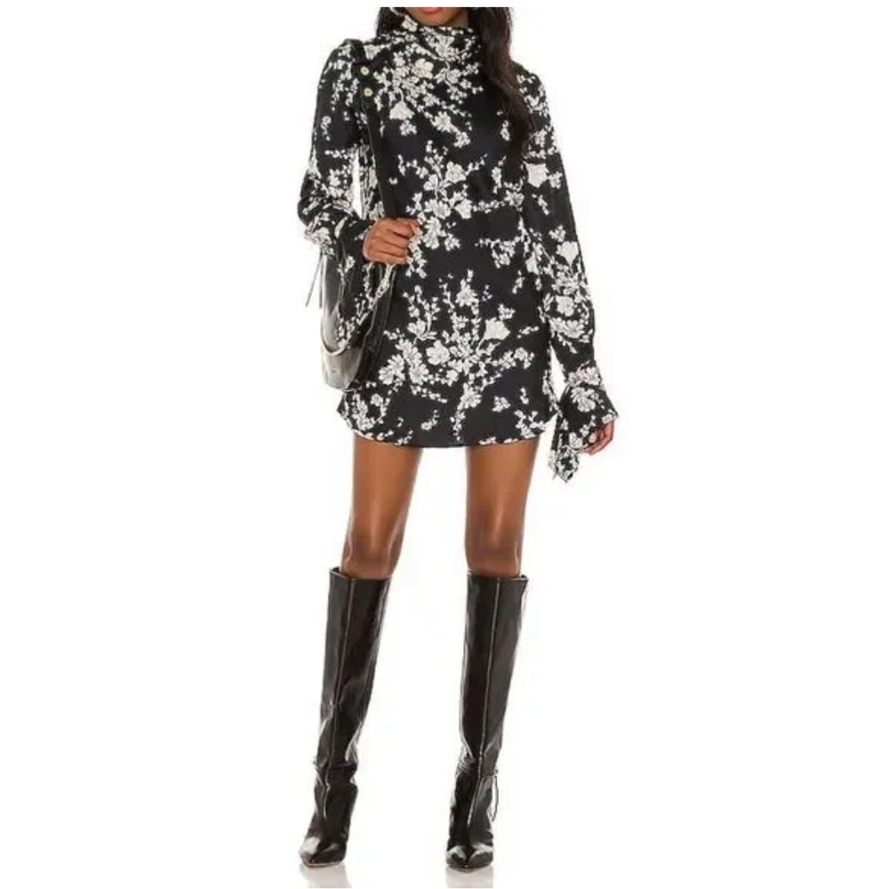Free People Black White Aries Cutout Back Long Sleeve Mini Dress